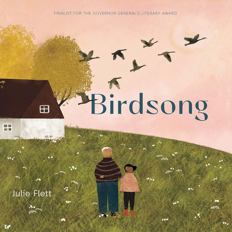 Book cover of 'Birdsong' by Julie Flett with a house, trees, and people on a hill.