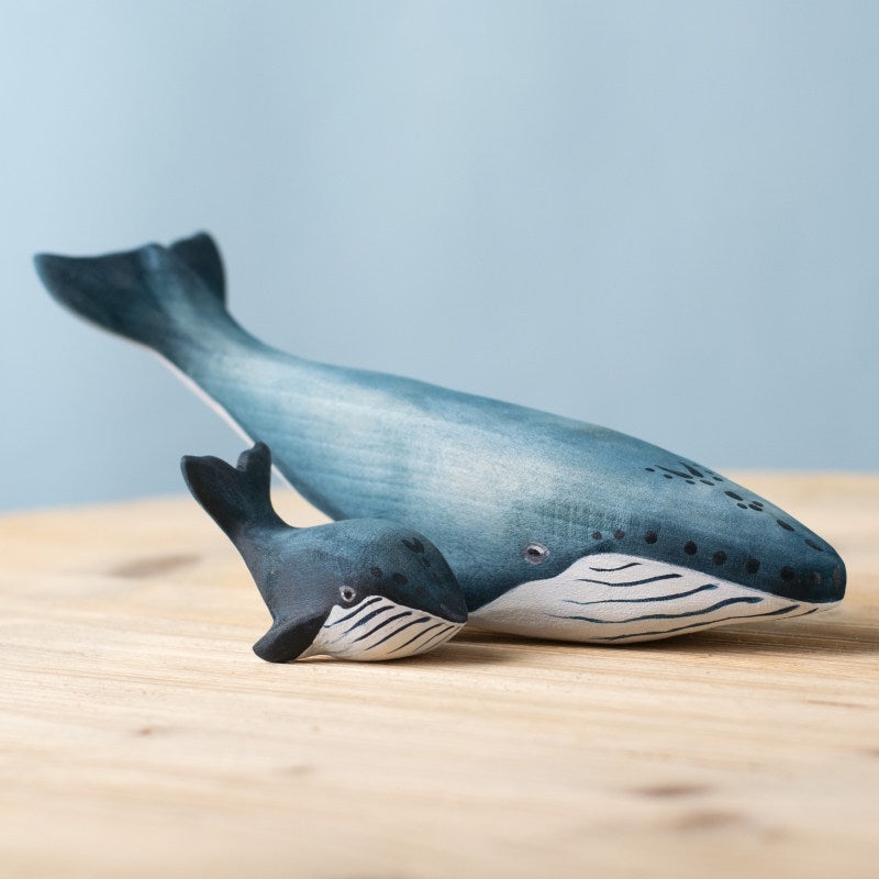 Bumbu Toys Baby Blue Whale & Big Blue Whale Wooden Toys at Milk Tooth Australia