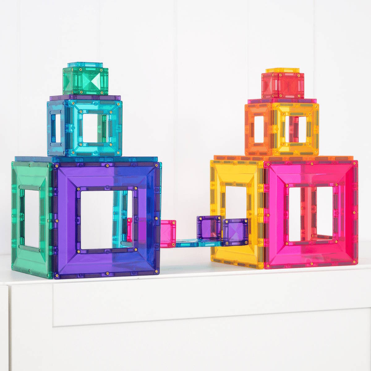 Connetix bright portal colorful magnetic building tiles on a white surface