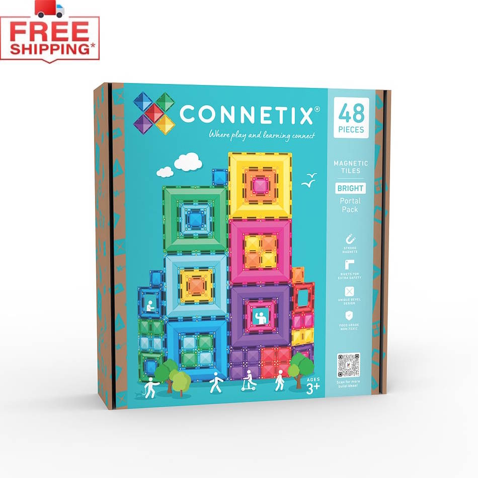 Connetix Tiles Bright Portal Pack toy packaging with colorful magnetic tiles