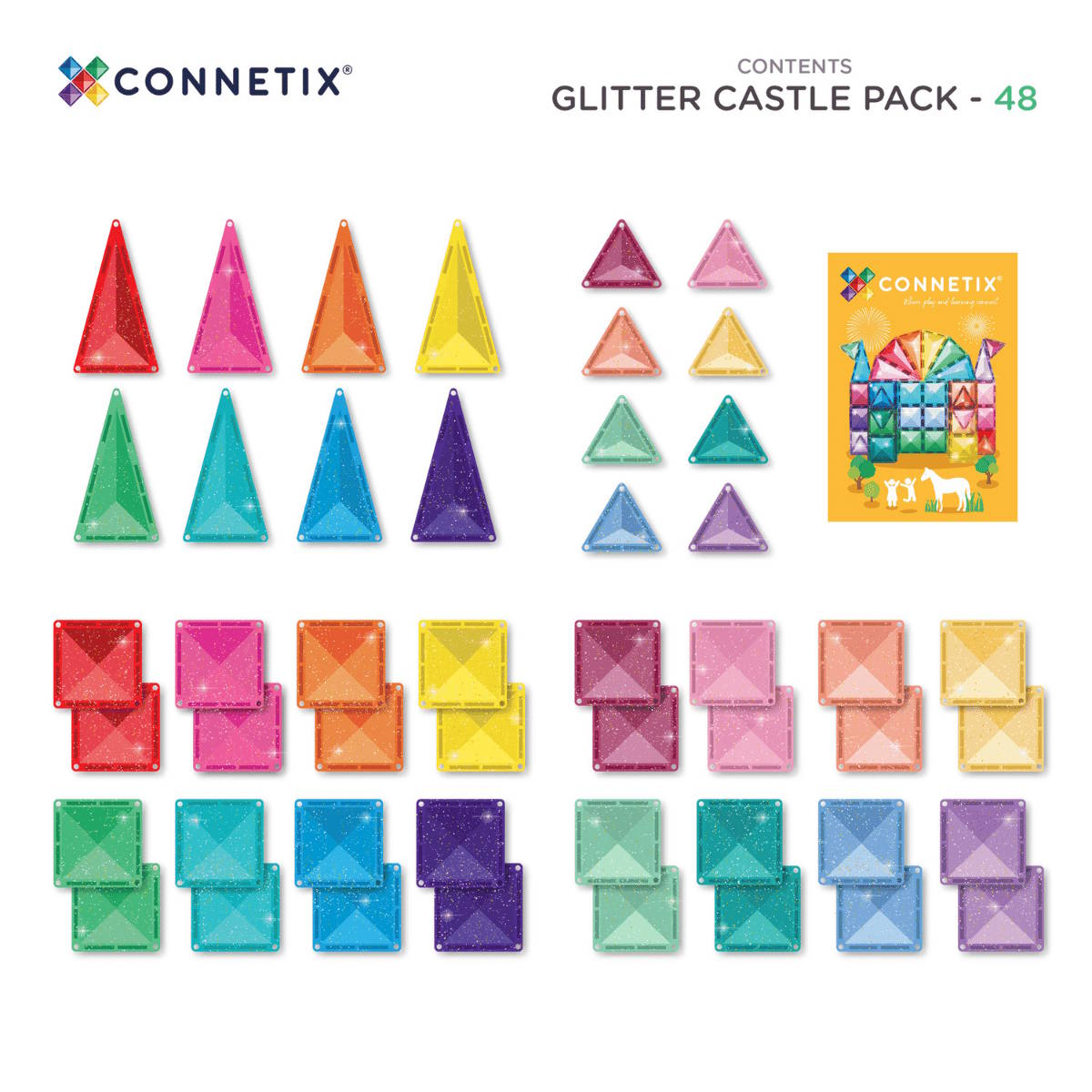 Colorful geometric shapes with glittery texture, labeled 'Connetix Glitter Castle Pack' on a white background. Shows pack contents and number of tiles