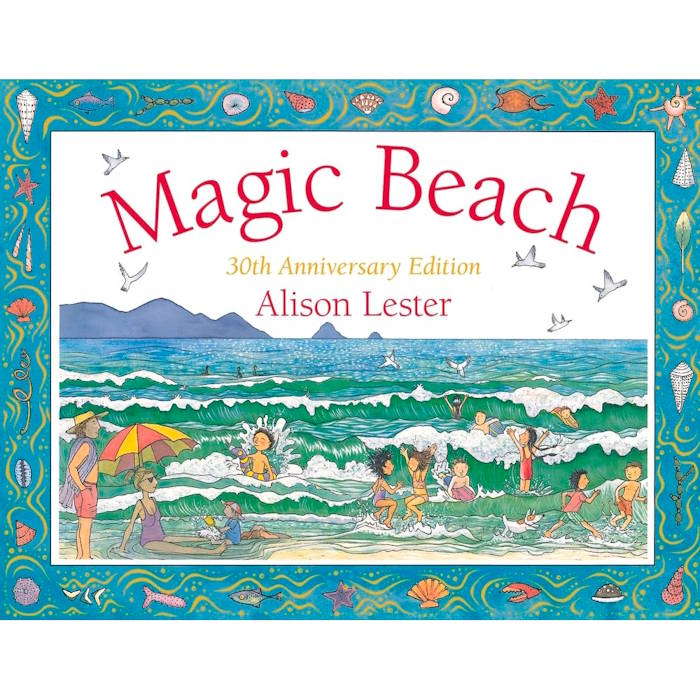 Book cover of 'Magic Beach' with beach scene illustration and colorful border.