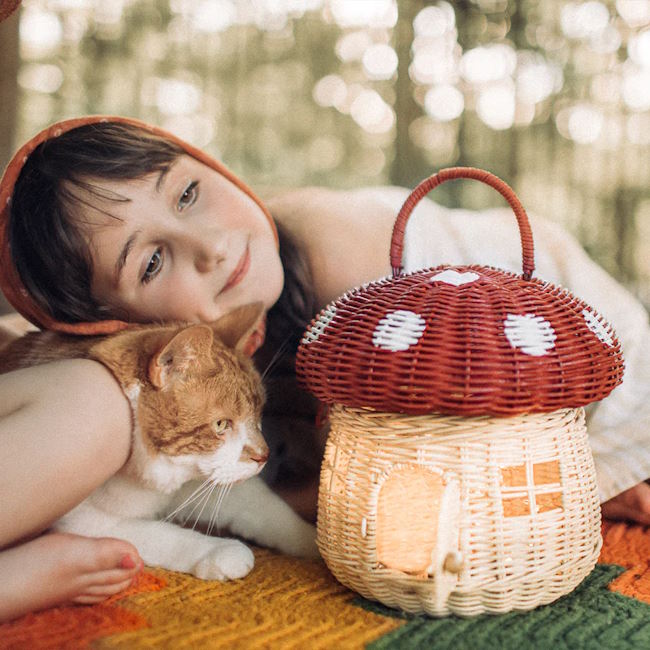 Olli Ella | Rattan Mushroom Basket Red at Milk Tooth