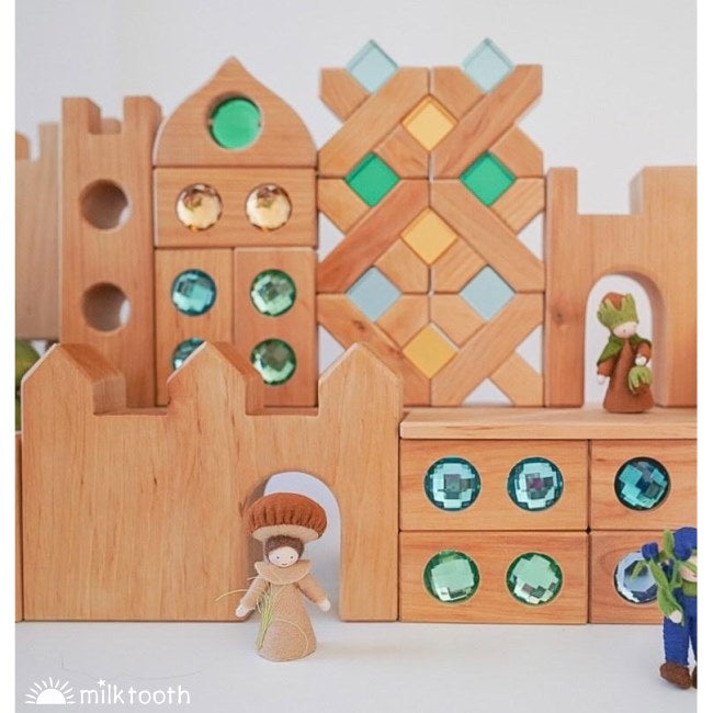 Bauspiel | X-Shapes | 48 Blocks with Tray | Cross Shaped Wooden Building Blocks