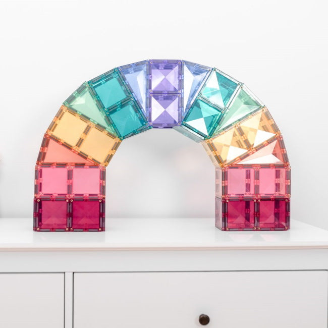 Connetix Magnetic Tiles | 120 Piece Pastel Creative Pack forming a Rainbow