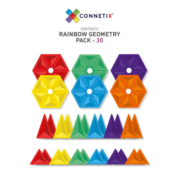 Connetix Tiles | 30 Piece Rainbow Geometry Pack what's included hexagons isosceles triangles equilateral triangles