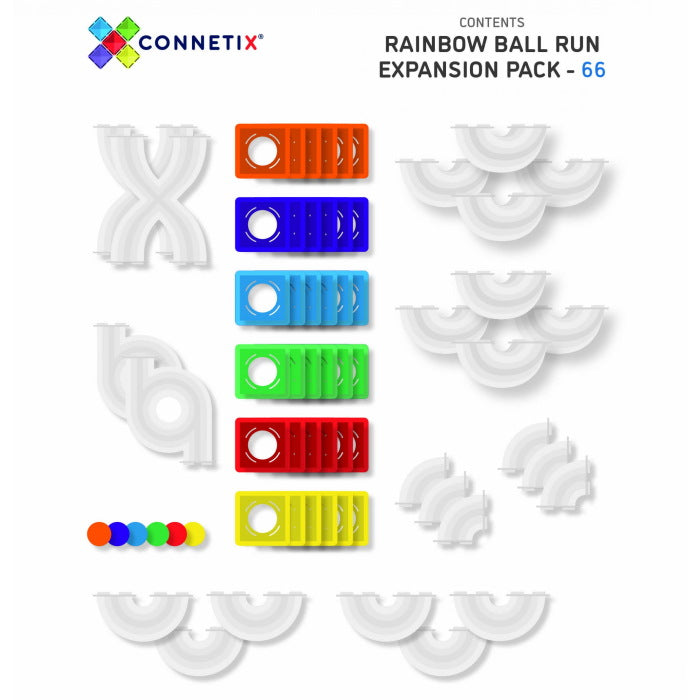Connetix Tiles | 66 Piece Rainbow Ball Run Expansion Pack contents inclusions at Milk Tooth