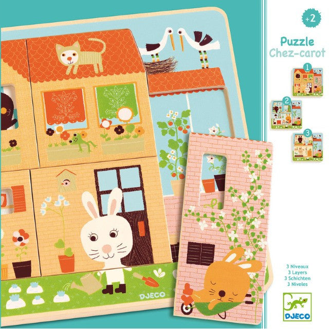 Wooden Puzzle featuring three layers inside a bunny rabbit's house
