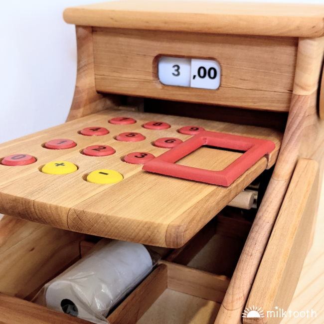 Drewart | Cash Register | Wooden Toy cash drawer lid lifts up