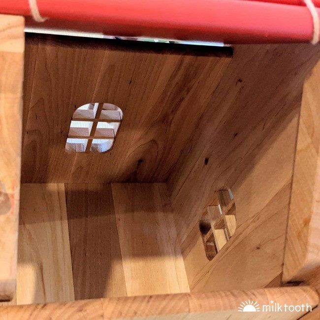 Drewart | Witch's Shed Red Roof | Wooden Doll House looking inside through roof