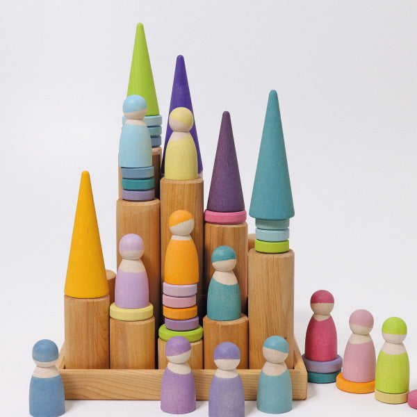 Grimm's | Building Rollers | Large | Natural with pastel forest and 12 pastel friends and coins