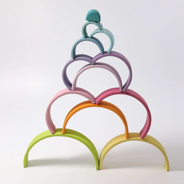Grimm's Pastel Large Rainbow wooden stacking toy at Milk Tooth