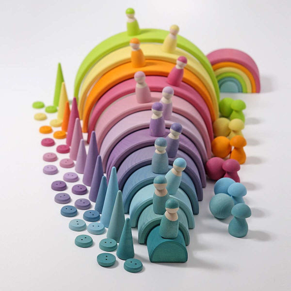 Grimm's Large Rainbow Pastel wooden stacking toy at Milk Tooth