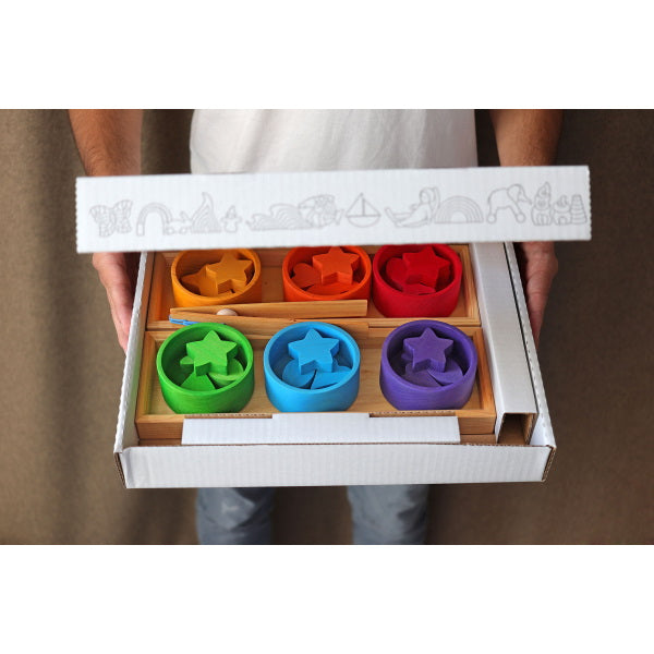 Grimm's | Rainbow Sorting Game with Tweezers in packaging box
