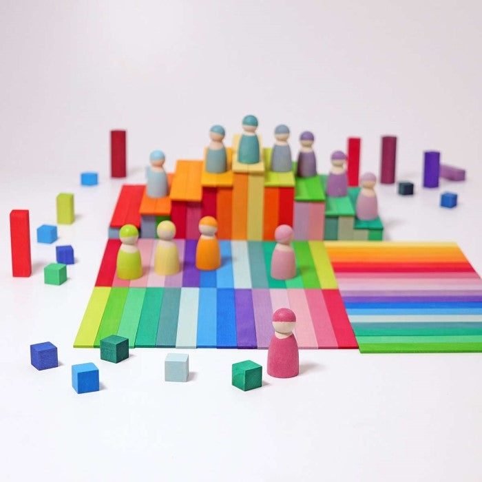 Grimm's | Stepped Pyramid | Small | Rainbow Building Blocks styled with Building Boards & Rainbow Friends