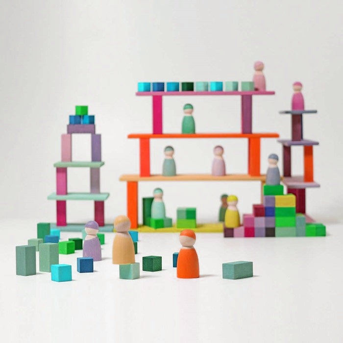 Grimm's | Stepped Pyramid | Small | Rainbow Building Blocks styled with Building Boards & Rainbow Friends