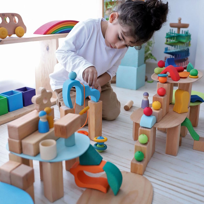 Grimm's Natural Large Stepped Pyramid in small world play at Milk Tooth Australia