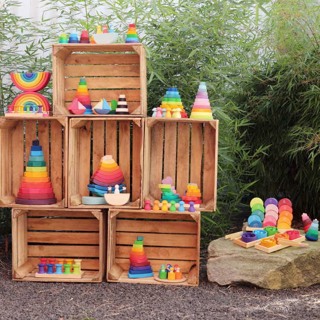 Grimm's toys on display including Triangle stacking tower