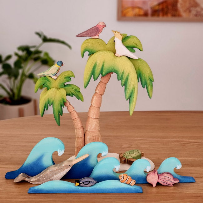 © Milk Tooth Bumbu Toys Palm Tree Water Waves NOM Handcrafted Sea Creatures & Sulpur Crested Cockatoo
