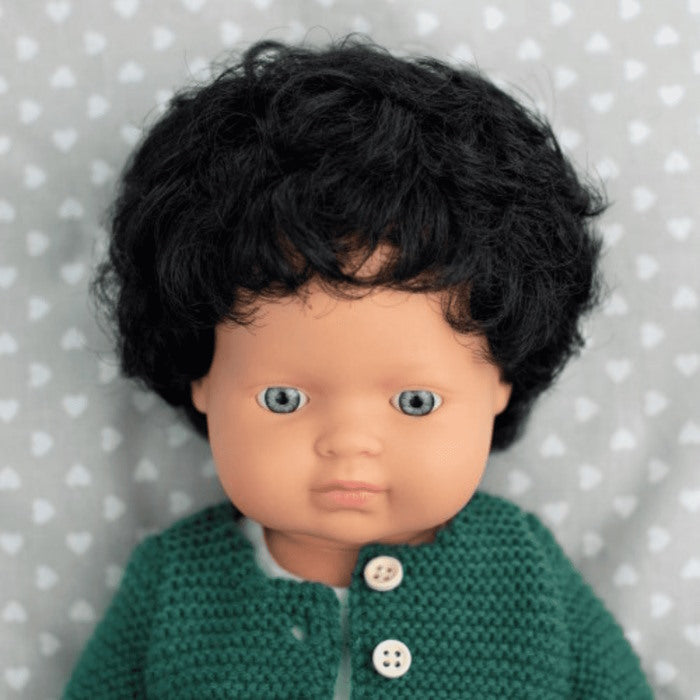 Miniland | Baby Doll 38cm | Black Curly Hair Caucasian Boy at Milk Tooth