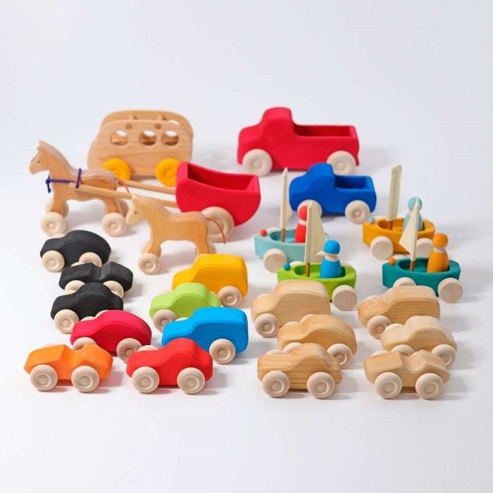 Grimm's Spiel Und Holz range of wooden toy vehicles: cars truck buses and more