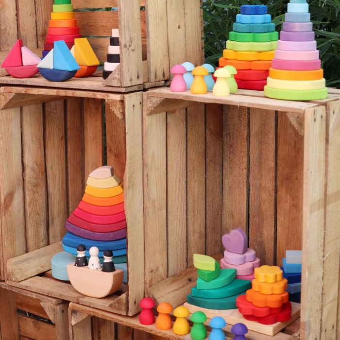 Playroom showing lots of Grimm's Spiel und Holz Wooden Toys