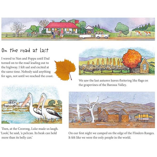 Illustrated page from a book showing a journey along a road with scenic views and text.