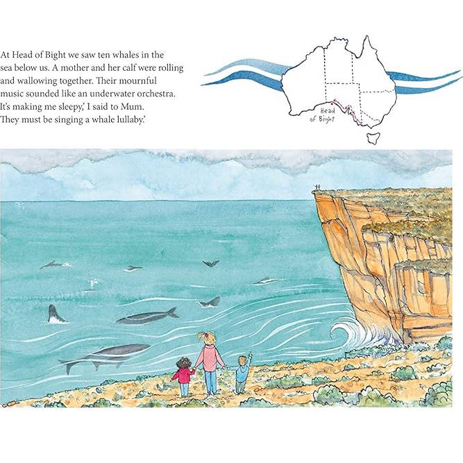 Illustration of a family watching whales from a cliffside with text and a map of Australia.