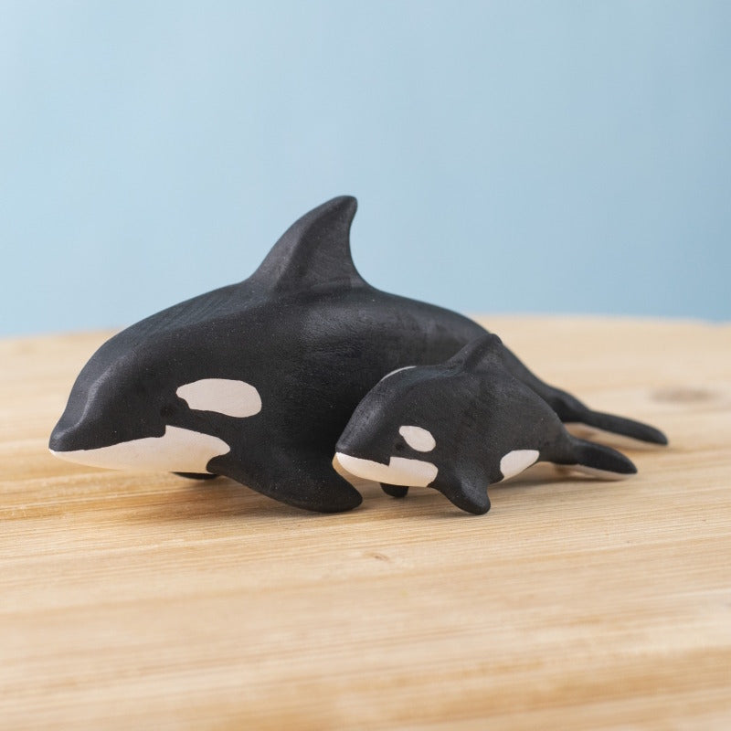 Bumbu Toys Baby Orca and Big Orca wooden toys at Milk Tooth Australia
