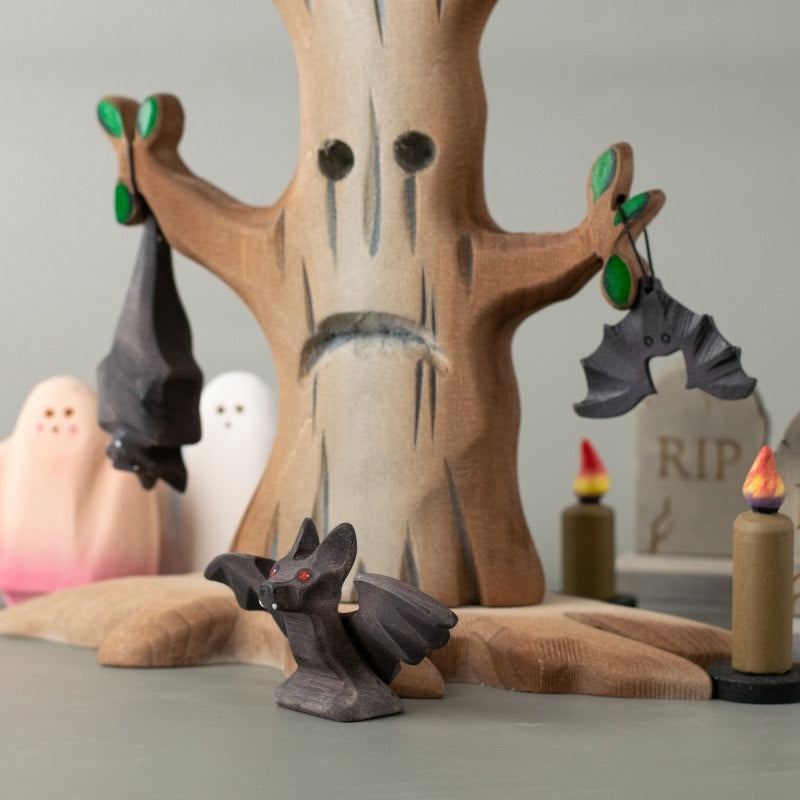 Bumbu Toys Huggy Bat hanging in Spooky Tree wooden toys at Milk Tooth Australia
