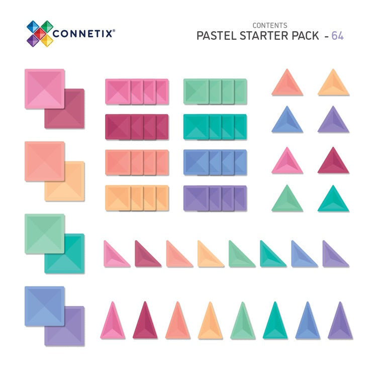 Connetix Tiles | 64 Piece Pastel Starter Set pack contents at Milk Tooth Australia