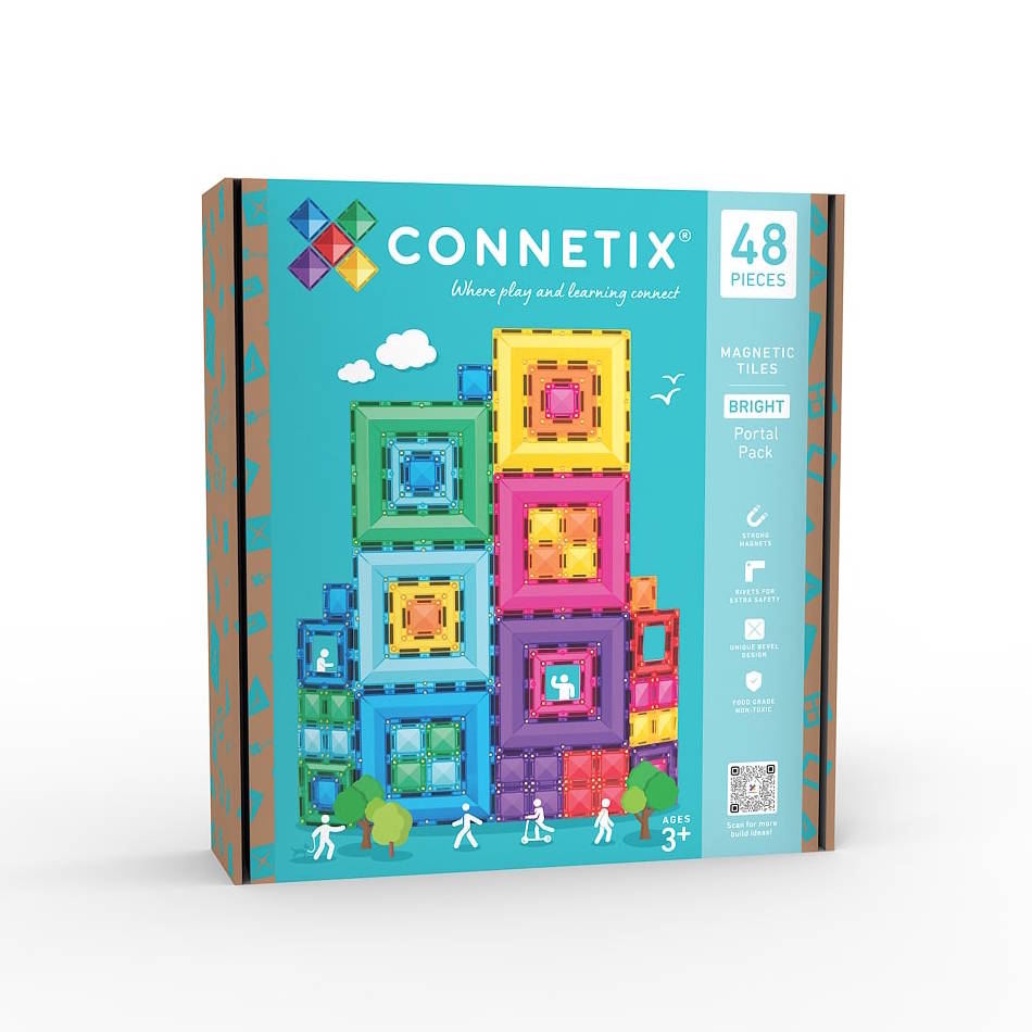 Connetix Tiles Bright Portal Pack toy packaging with colorful magnetic tiles