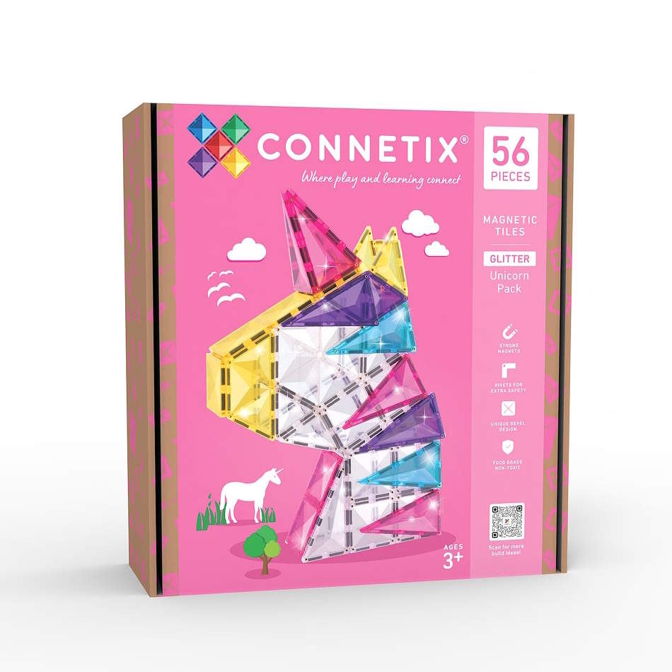 Connetix Glitter Unicorn magnetic tiles packaging with pink background and colorful tiles.