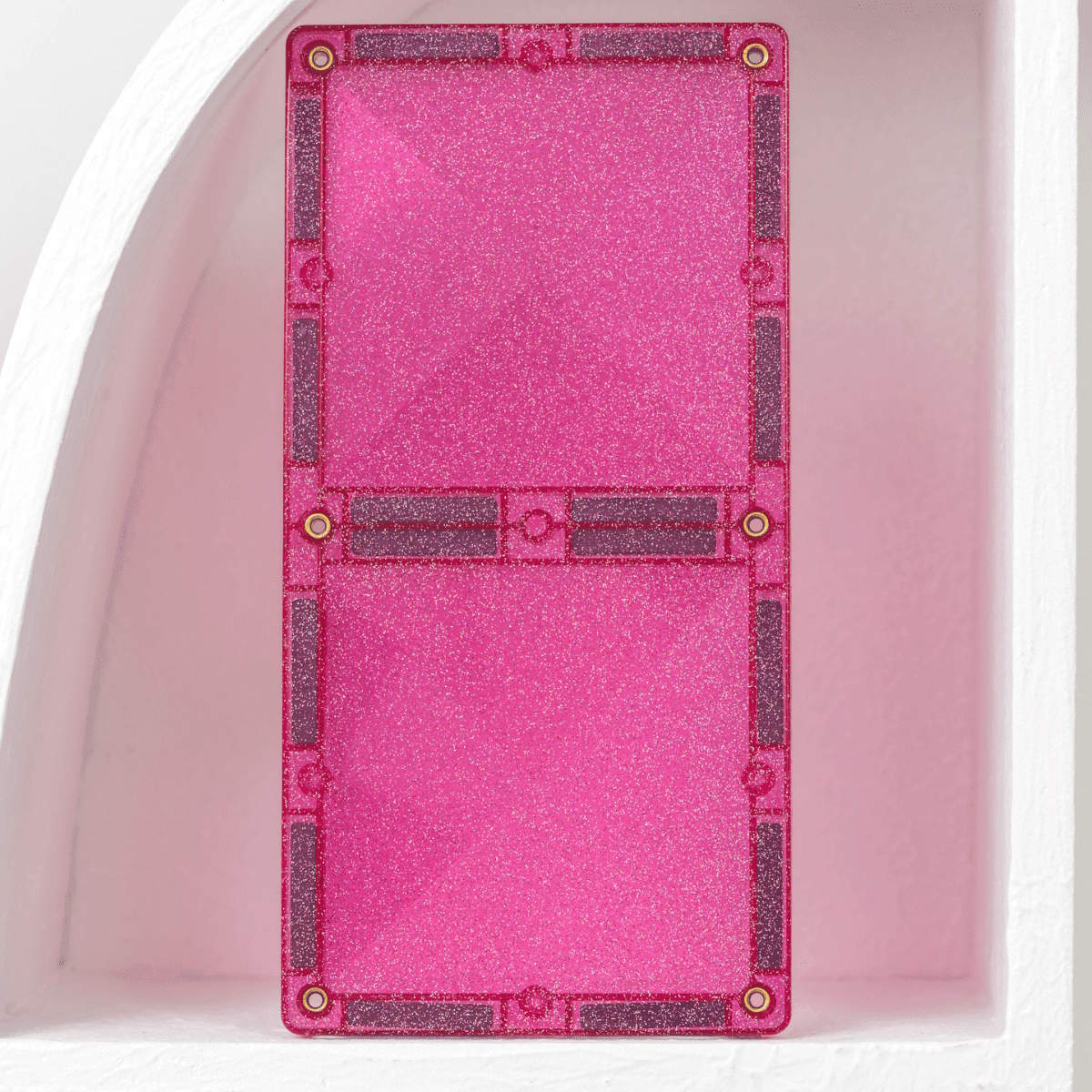Close up of Connetix Magnetic Tiles pink glitter tiles from the Unicorn pack