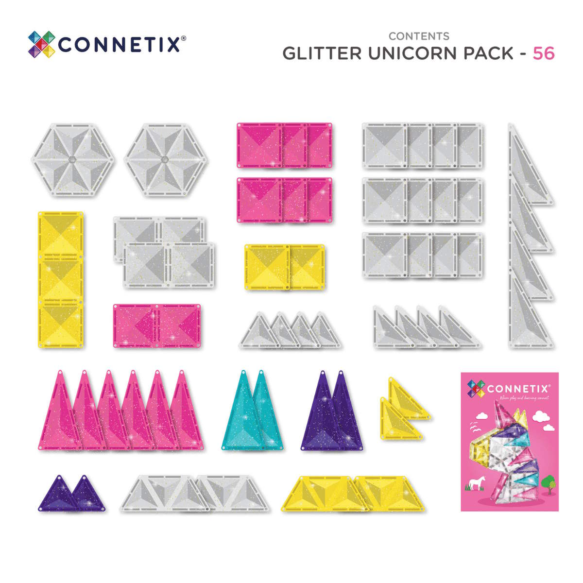 Connetix Glitter Unicorn Pack contents - how many tiles and which shapes and colours it includes