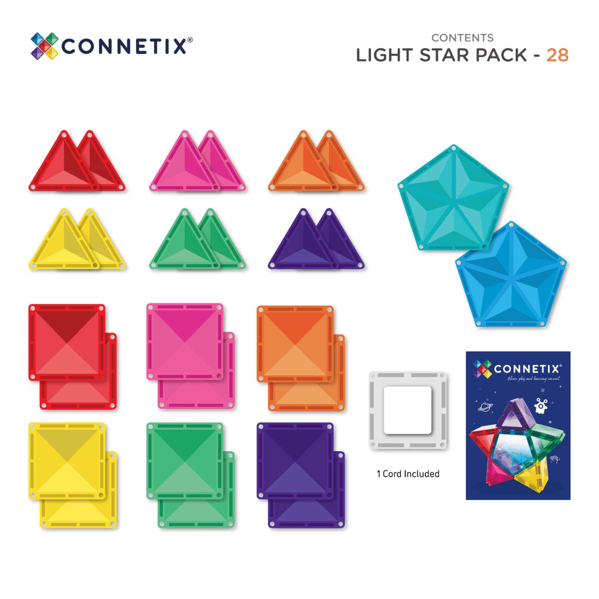 Connetix Light Star Pack contents list with colorful geometric shapes on a white background