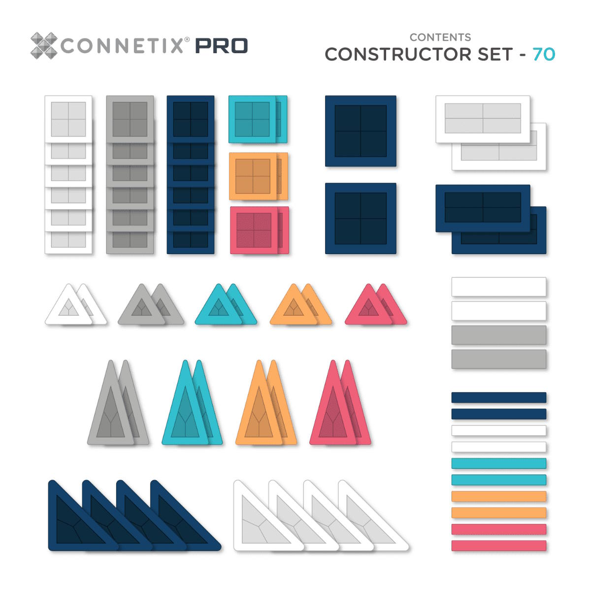 Pack contents of the Connetix Pro Constructor Set - 70 magnetic tile pieces