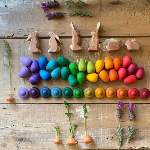 Imaginative play & loose parts | wooden animals mandala pieces rings coins peg people nins friends doll house