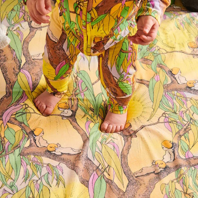 Kip and Co x May Gibbs | Flannelette Baby Fitted Sheet Sunrise Delight at Milk Tooth Australia