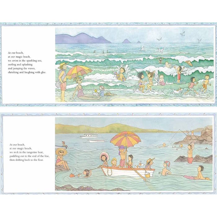Illustrated beach scene with people enjoying various activities at the seaside.