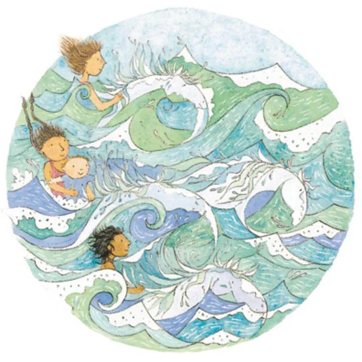 Illustration of children playing with water and fish in a circular design.
