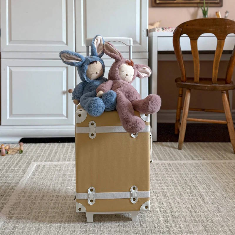 Olli Ella Cozy Dinkum Bunny Pickle and Bunny Twiggy sitting on a See-Ya Suitcase