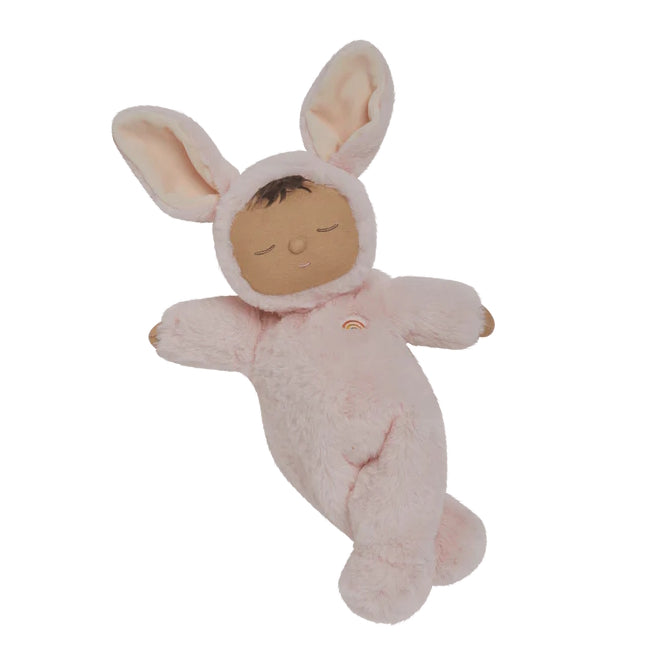 Olli Ella Cozy Dinkum Bunny Pip, a plush toy baby in a pale pink bunny costume