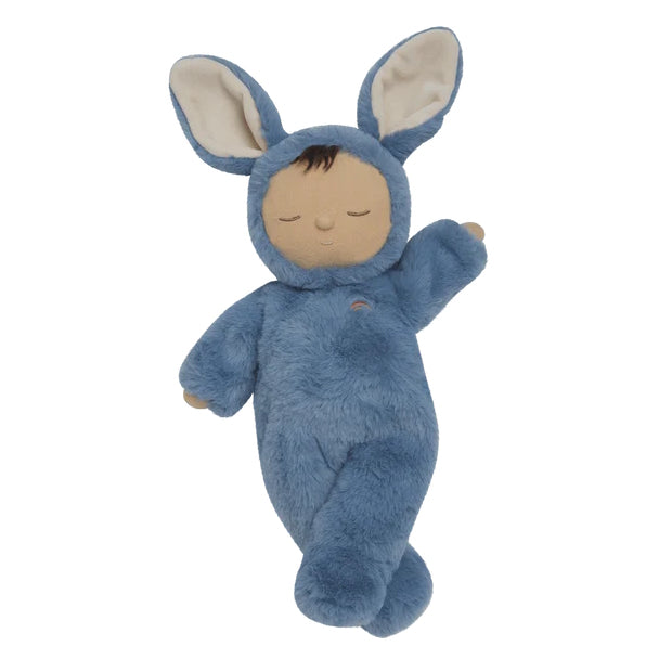 Olli Ella Cozy Dinkum Bunny Twiggy with blue plush onesie and dark tuft of hair