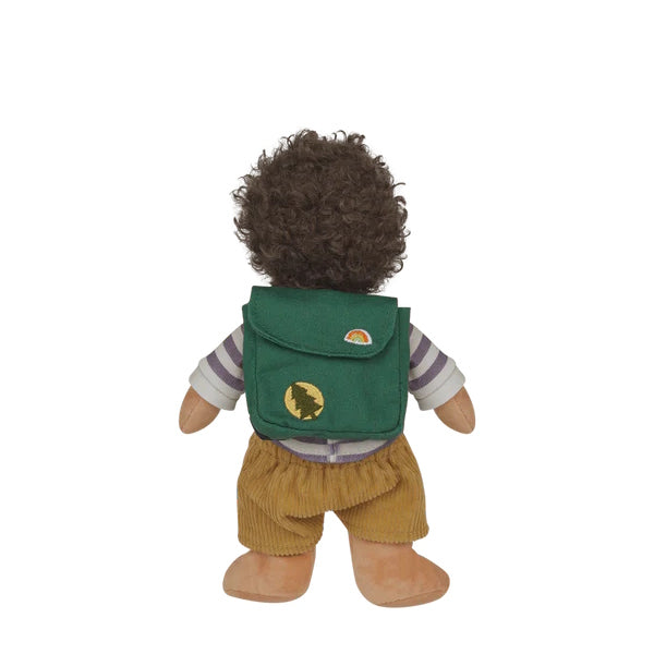 Olli Ella | Dress Me Dinky Finn Fernwood doll with a green backpack on a white background