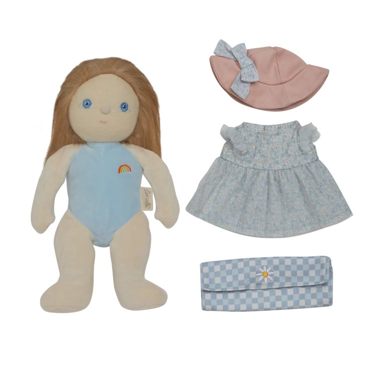 Olli Ella Dress Me Dinky Doll with accessories including a pale blue onesie, pink hat, blue floral dress, and bag on a white background