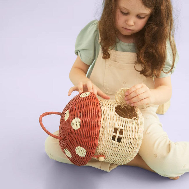 Olli Ella | Rattan Mushroom Basket Red at Milk Tooth