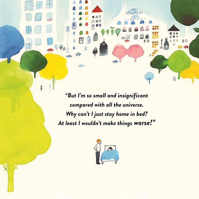 Illustration of a person in bed with a cityscape and trees in the background, featuring a quote.