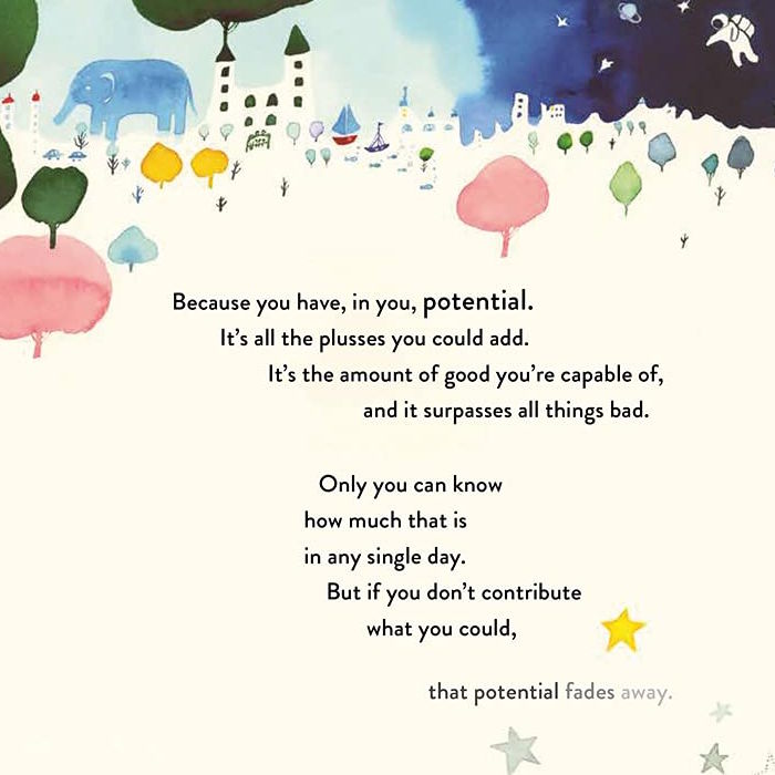 Colorful illustration with a motivational quote about potential and contribution.