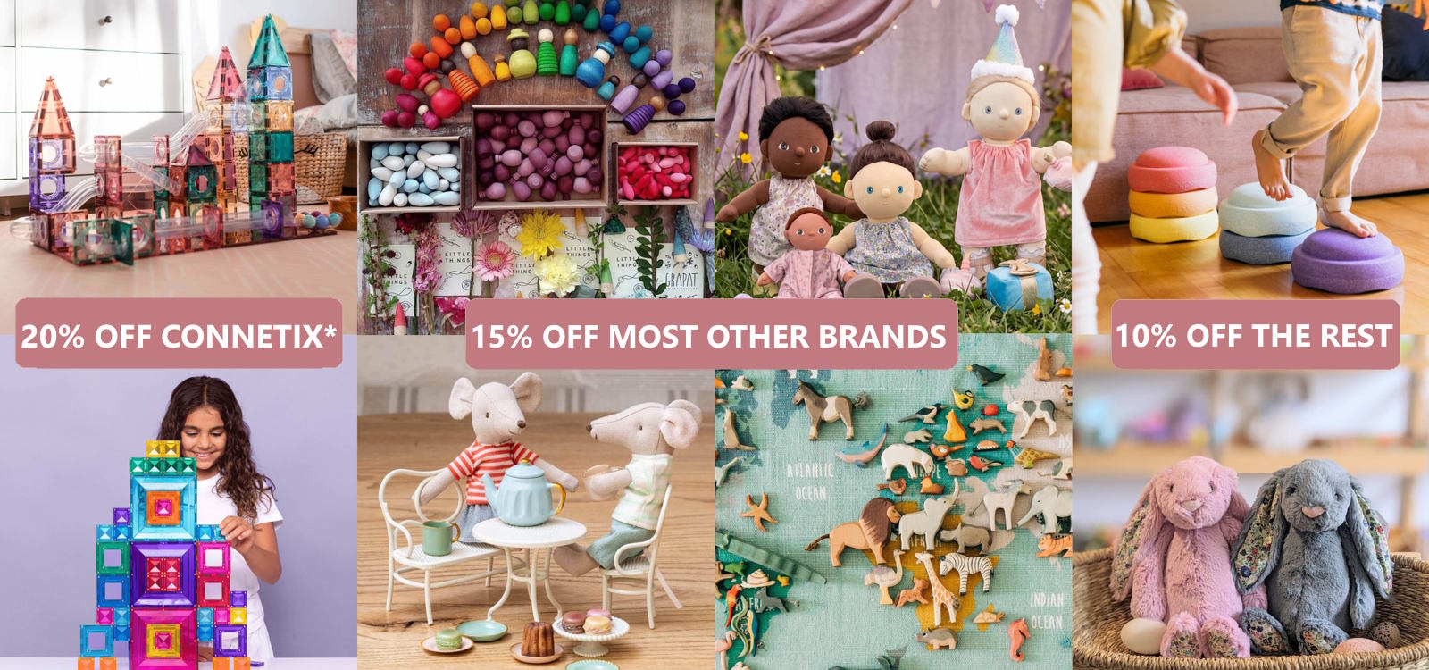 Storewide sale at Milk Tooth, with 20% off most Connetix Tiles, 15% off most other brands, and 10% off the rest! 4-month Lay-By available and free shipping for orders $220 and over